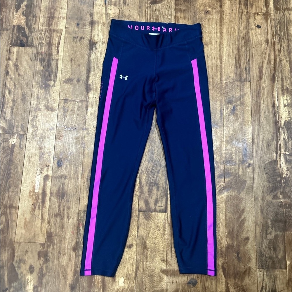 Under Armour Navy Blue Pink Athletic Fitness Legging Ankle Pants Womens S